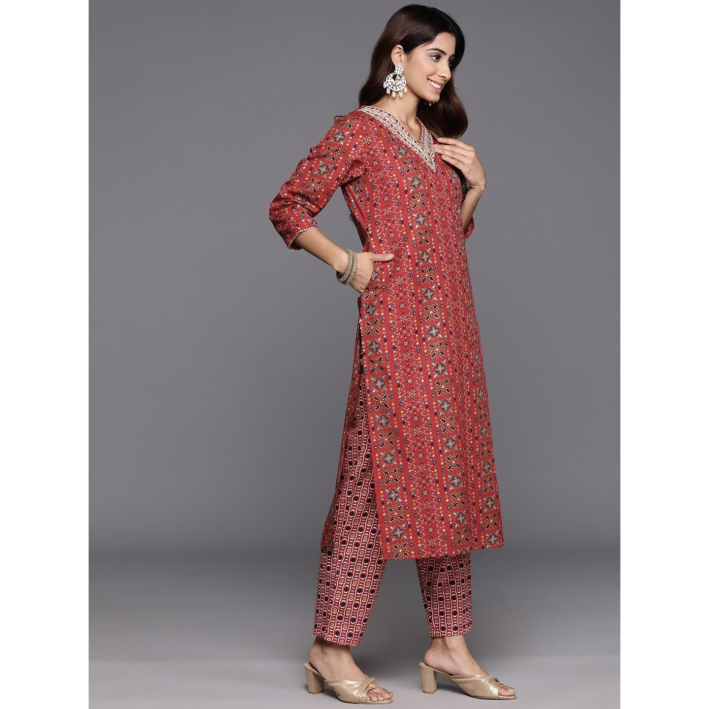 Varanga Women Red Printed V-Neck Embroidered Kurta With Bottom And Dupatta