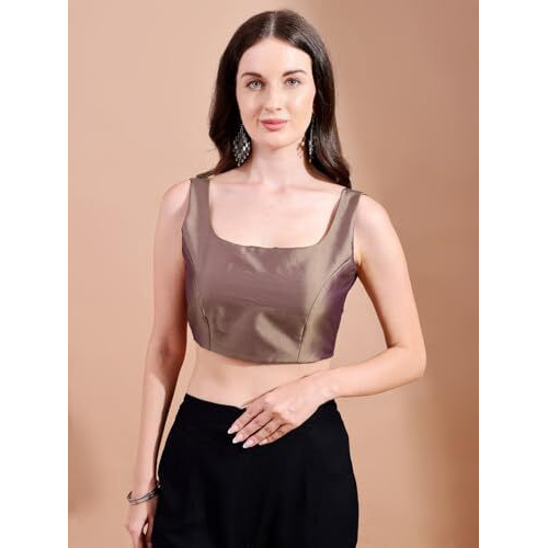 Womanista Women's Tafetta Solid Regular Fit Sleeveless Blouse (Bl_110_Gold M)