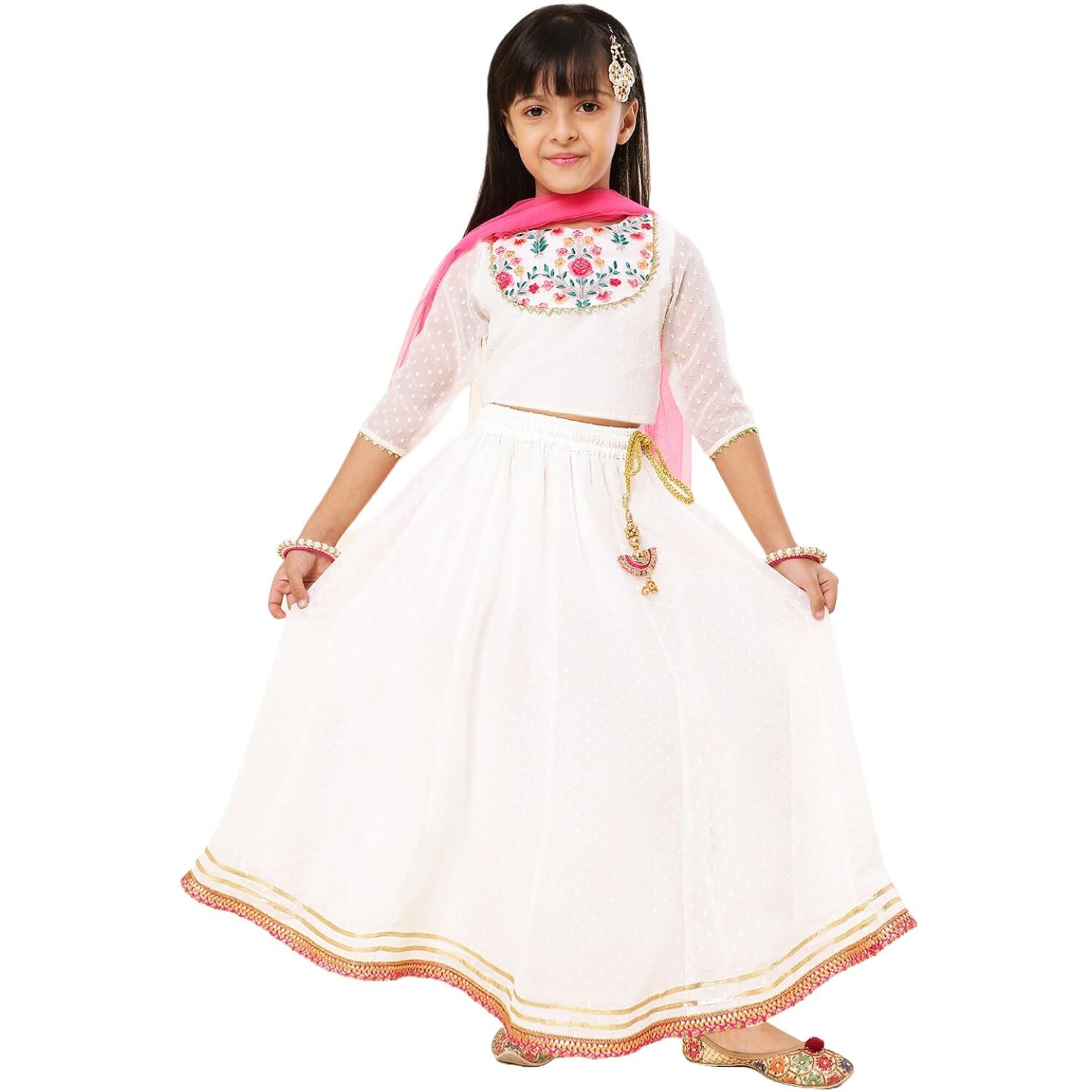 A.T.U.N. Girls Embroidered Ready To Wear Lehenga & Blouse With Dupatta Set
