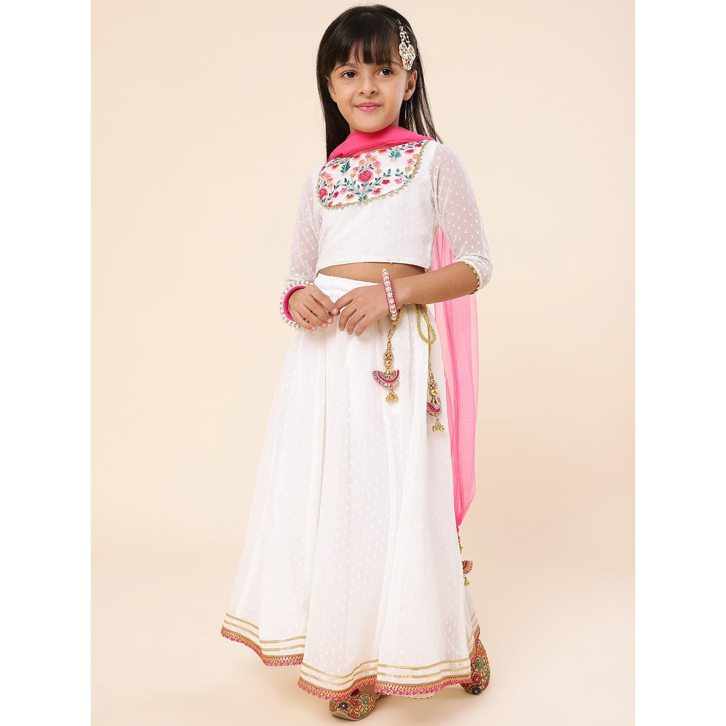 A.T.U.N. Girls Embroidered Ready To Wear Lehenga & Blouse With Dupatta Set