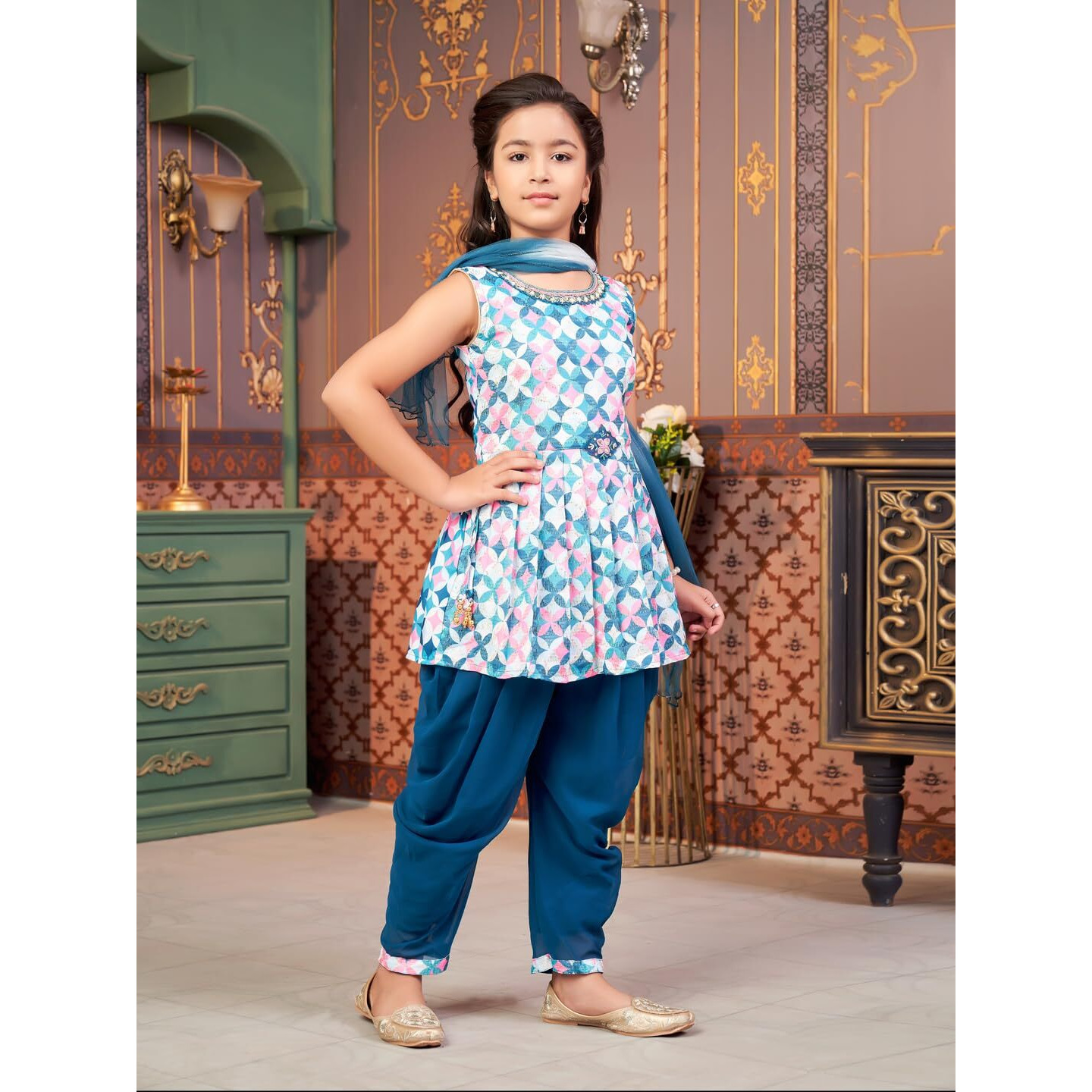 Aarika Girls Ethnic Wear Sea Green Colour Floral Print Beads Embroidery Cotton Blend Dhoti Kurta Set With Dupatta-4-9 Years (Dh-Shm-5017)