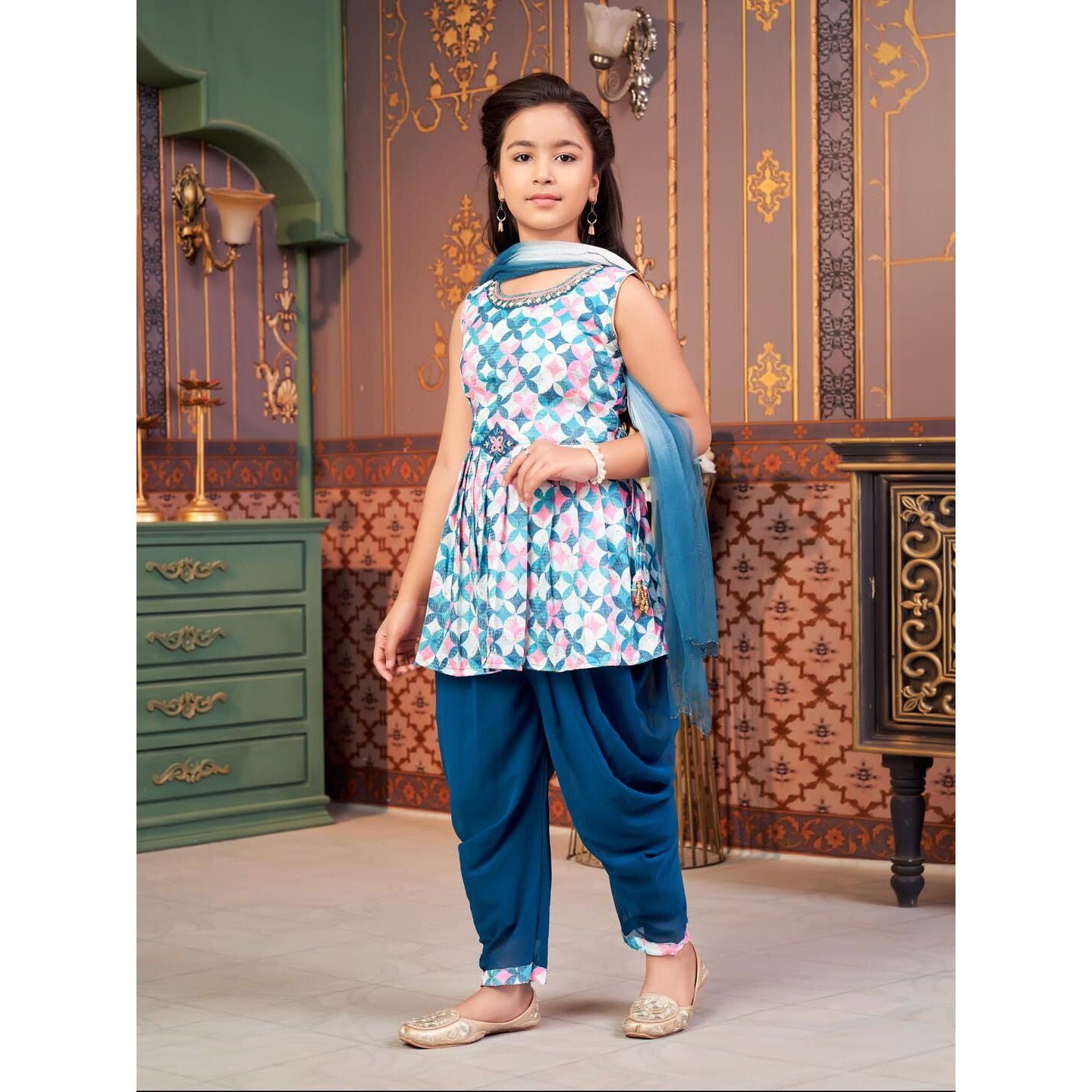 Aarika Girls Ethnic Wear Sea Green Colour Floral Print Beads Embroidery Cotton Blend Dhoti Kurta Set With Dupatta-4-9 Years (Dh-Shm-5017)