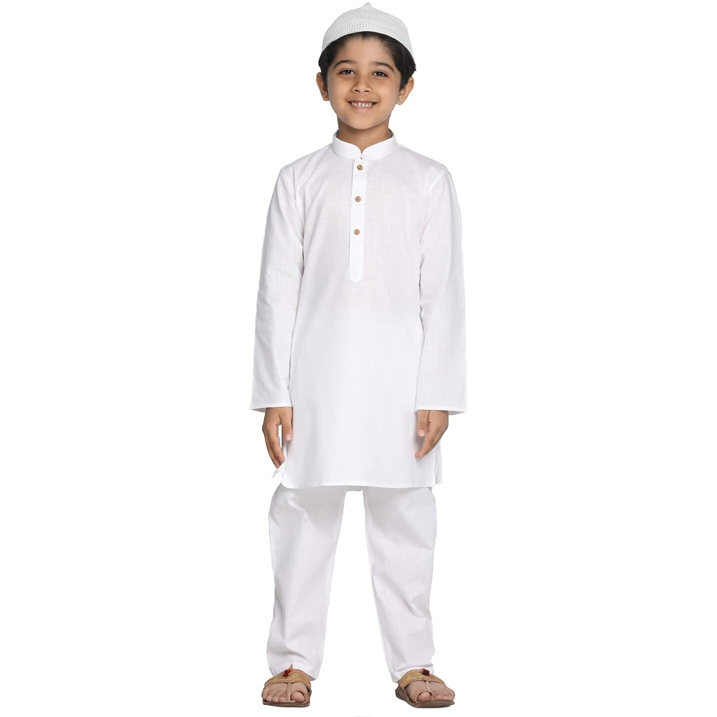Vastramay Boys' Pure Cotton White Kurta And Pyjama Set With Muslim Cap  Soft & Comfortable Festive