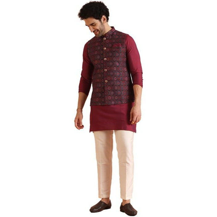Kisah Silk Blend Kurta Jacket Trouser Set For Men | Nehru Jacket Waistcoat Kurta Set With Trousers | Mens Ethnic Collections-Ka-0864-5518-T301-40-Multi