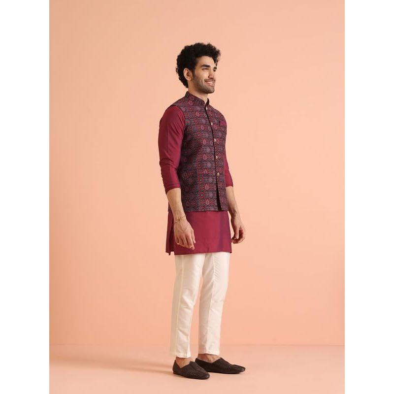 Kisah Silk Blend Kurta Jacket Trouser Set For Men | Nehru Jacket Waistcoat Kurta Set With Trousers | Mens Ethnic Collections-Ka-0864-5518-T301-40-Multi