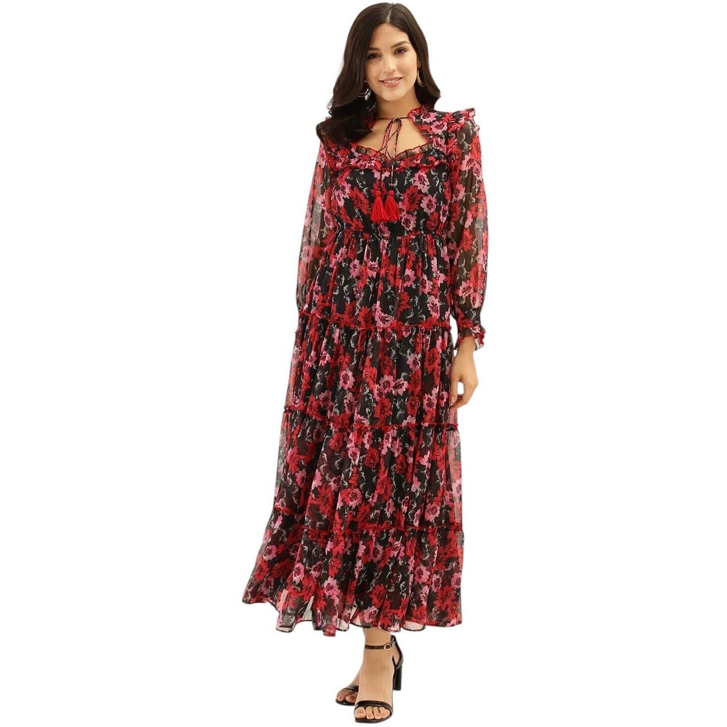 Litzo Women's Georgette A-Line Maxi Dress (L-57-M_Red
