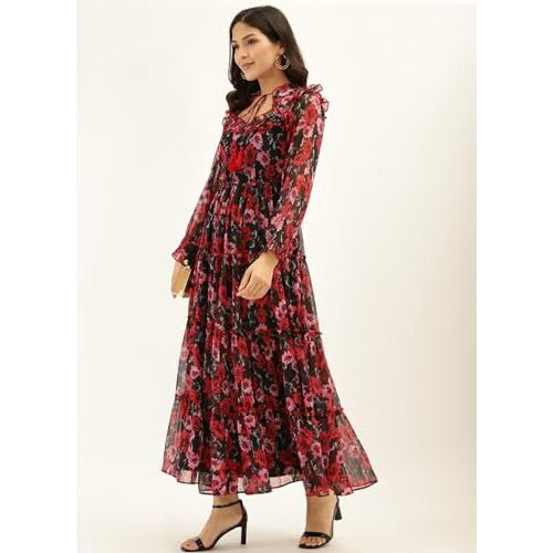 Litzo Women's Georgette A-Line Maxi Dress (L-57-M_Red