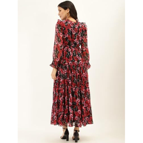 Litzo Women's Georgette A-Line Maxi Dress (L-57-M_Red