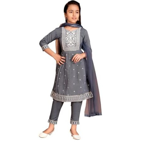 Aarika Girls Ethnic Wear Grey Colour Thread Embroidery Kurti Pant Set-(4-13 Years)-(Kp-Tr-K-1072-Grey-38)