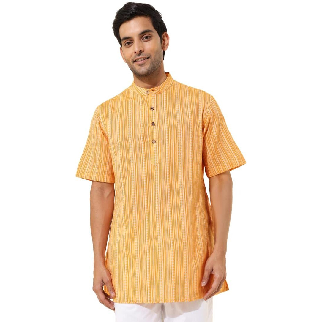 Fabindia Men's Cotton Dobby Regular Short Kurta (1038376Yellow_Yellow