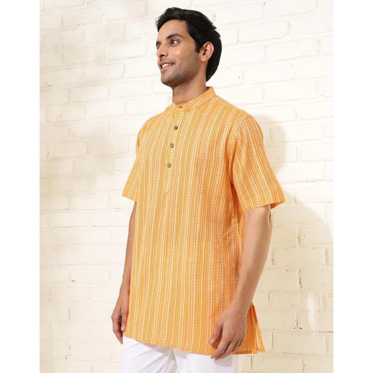 Fabindia Men's Cotton Dobby Regular Short Kurta (1038376Yellow_Yellow