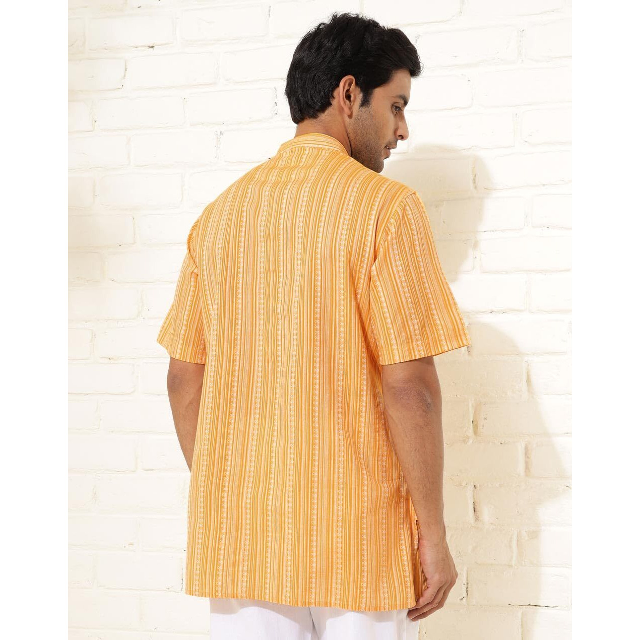 Fabindia Men's Cotton Dobby Regular Short Kurta (1038376Yellow_Yellow