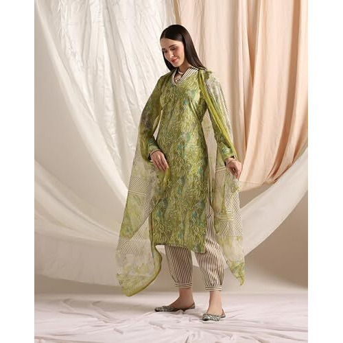 Greciilooks Womens Cotton Blend Patiala Regular Fit Kurta Set (Green, Small)