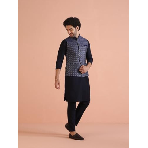 Kisah Men's Kurta Jacket Trouser Set, Blue Jacquard, Woven Design Regular Fit Long Sleeves Mandarin Collar (L)
