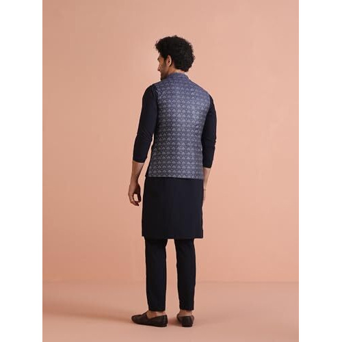Kisah Men's Kurta Jacket Trouser Set, Blue Jacquard, Woven Design Regular Fit Long Sleeves Mandarin Collar (L)