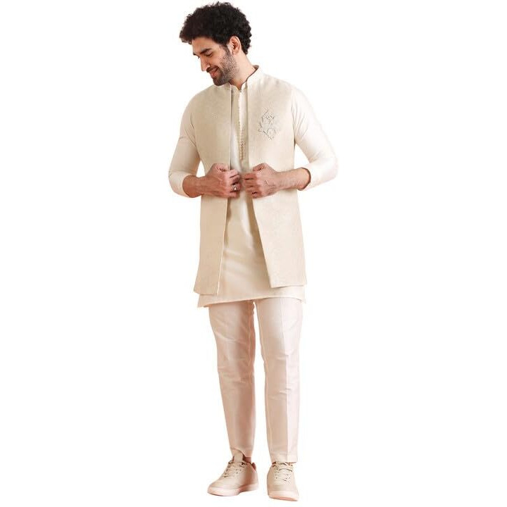 Kisah Mens Kurta Jacket Trouser Set|Silk Blend Fabric Stylish Woven Design Pattern Mens Ethnic Wear|Regular Fit Mandarin Collar Long Sleeves, Off White, 42