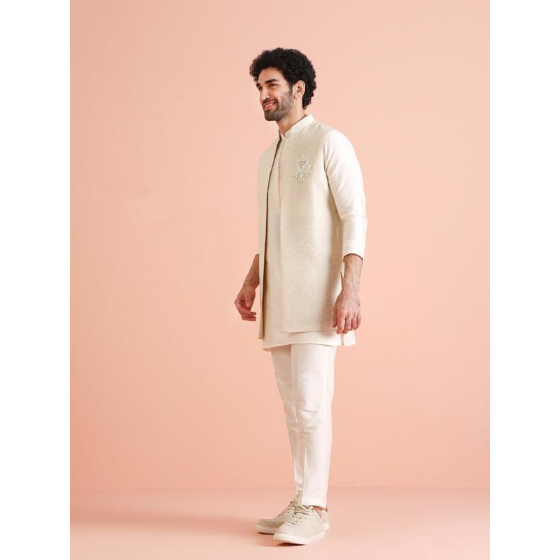 Kisah Mens Kurta Jacket Trouser Set|Silk Blend Fabric Stylish Woven Design Pattern Mens Ethnic Wear|Regular Fit Mandarin Collar Long Sleeves, Off White, 42