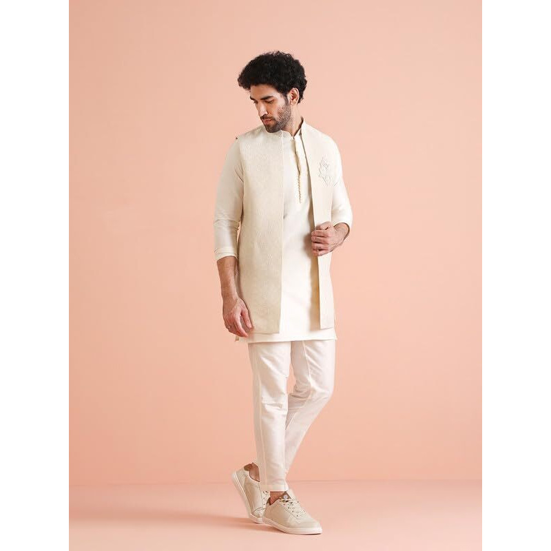Kisah Mens Kurta Jacket Trouser Set|Silk Blend Fabric Stylish Woven Design Pattern Mens Ethnic Wear|Regular Fit Mandarin Collar Long Sleeves, Off White, 42