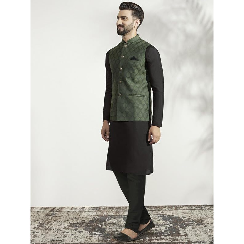 Kisah Men's Kurta Jacket Churidar Set, Olive Jacquard, Woven Design Long Sleeves Regular Fit Mandarin Collar (S)