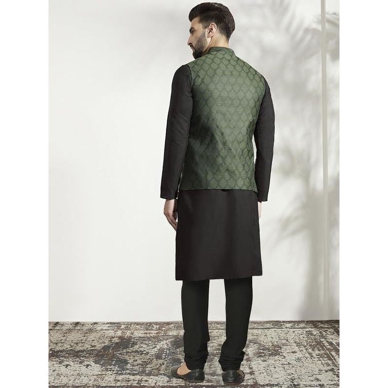 Kisah Men's Kurta Jacket Churidar Set, Olive Jacquard, Woven Design Long Sleeves Regular Fit Mandarin Collar (S)