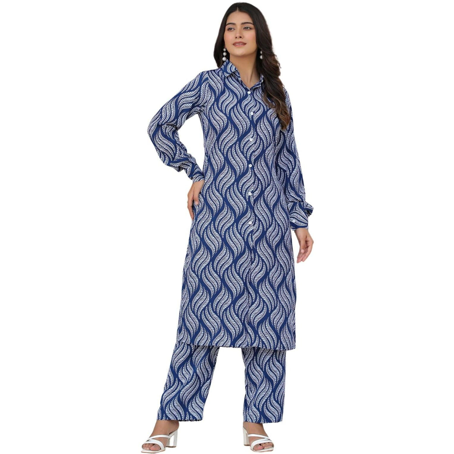 Leriya Fashion Rayon Printed A-Line Front Open Co-Ord Kurta Set For Women (Lf-W2124&Tr1091-M-Blue)