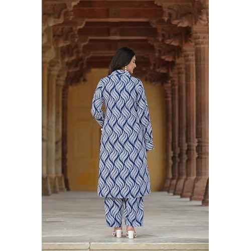 Leriya Fashion Rayon Printed A-Line Front Open Co-Ord Kurta Set For Women (Lf-W2124&Tr1091-M-Blue)