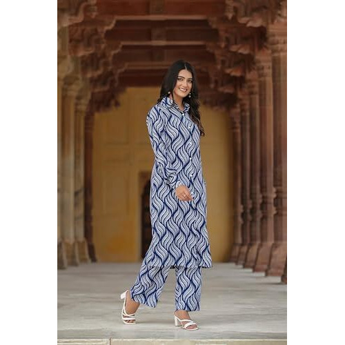 Leriya Fashion Rayon Printed A-Line Front Open Co-Ord Kurta Set For Women (Lf-W2124&Tr1091-M-Blue)