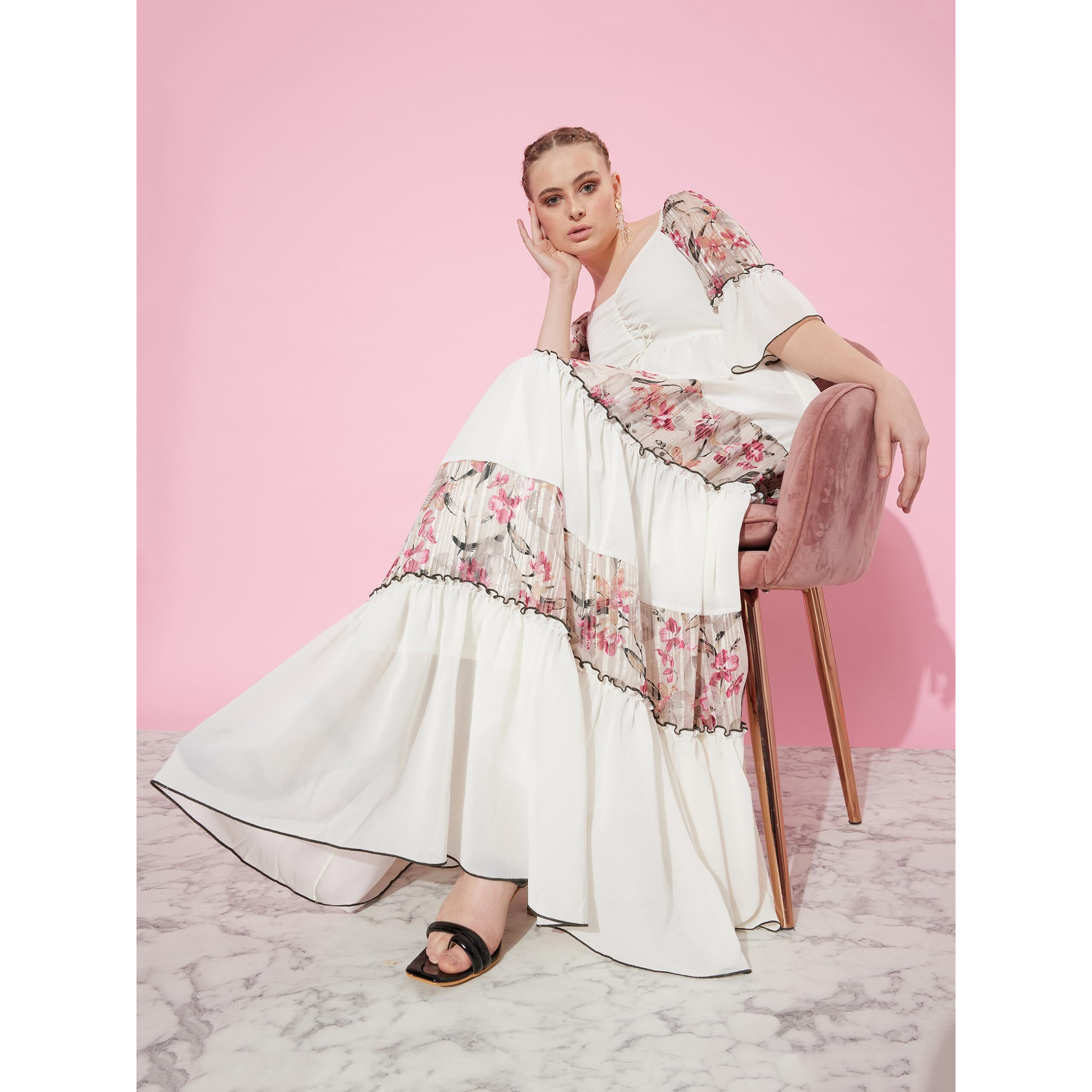 Miss Chase Women's Sweetheart Neckline Ruffled Sleeve Floral Patterned Tiered Maxi Georgette Dress (Mcaw22D06-56-191-06, Multicolored-Base-Off White, Xl)