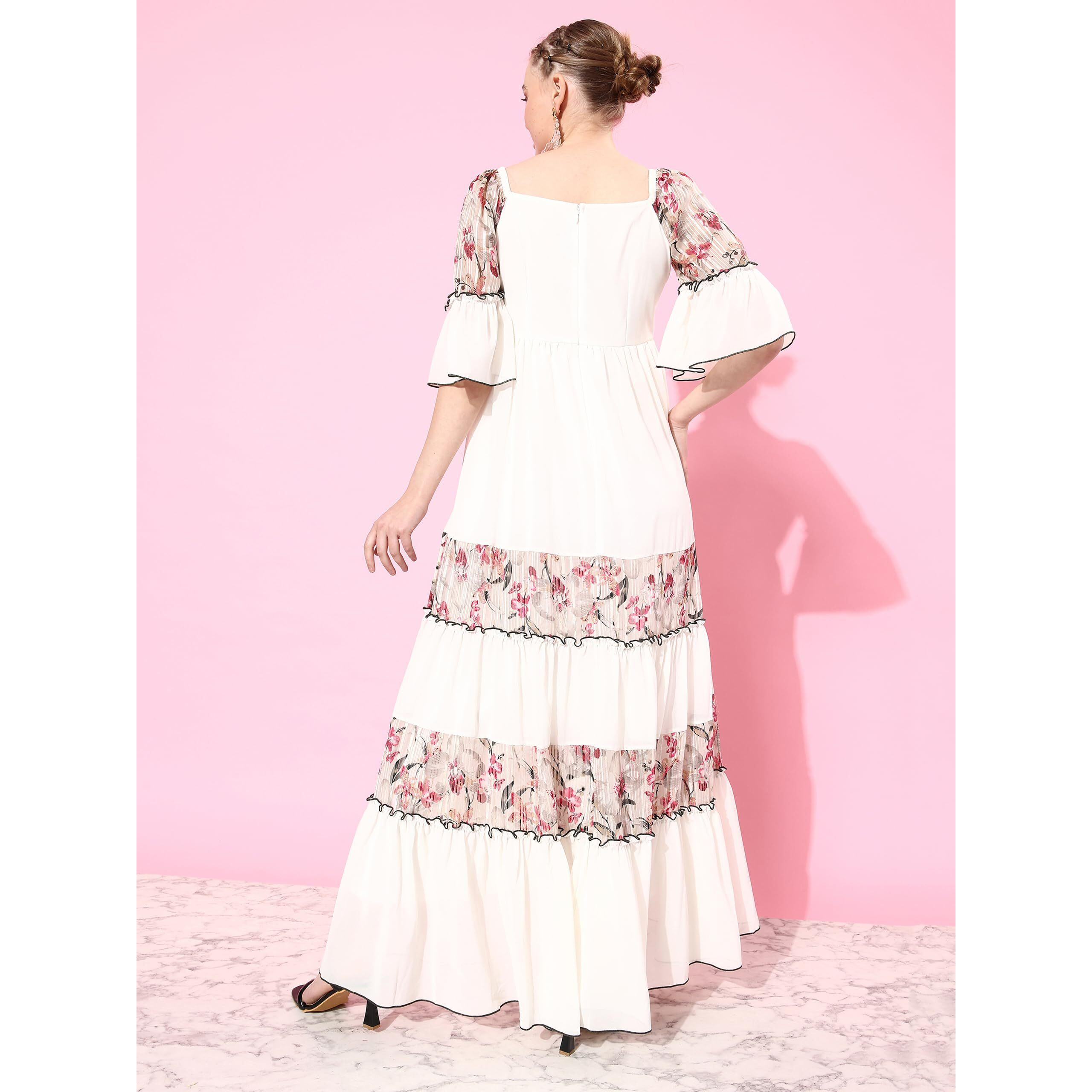 Miss Chase Women's Sweetheart Neckline Ruffled Sleeve Floral Patterned Tiered Maxi Georgette Dress (Mcaw22D06-56-191-06, Multicolored-Base-Off White, Xl)
