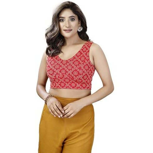 Oomph Women's Indian Ethnic Wear Designer Floral Pattern Zari Work Spoon Neck Sleeveless Fire Red Color Lycra Readymade Blouse For Saree Or Lehnga And Fusion Twist. Xxl