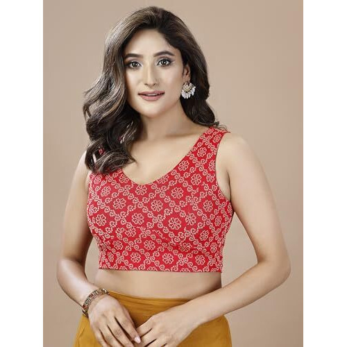 Oomph Women's Indian Ethnic Wear Designer Floral Pattern Zari Work Spoon Neck Sleeveless Fire Red Color Lycra Readymade Blouse For Saree Or Lehnga And Fusion Twist. Xxl