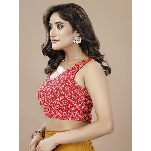 Oomph Women's Indian Ethnic Wear Designer Floral Pattern Zari Work Spoon Neck Sleeveless Fire Red Color Lycra Readymade Blouse For Saree Or Lehnga And Fusion Twist. Xxl