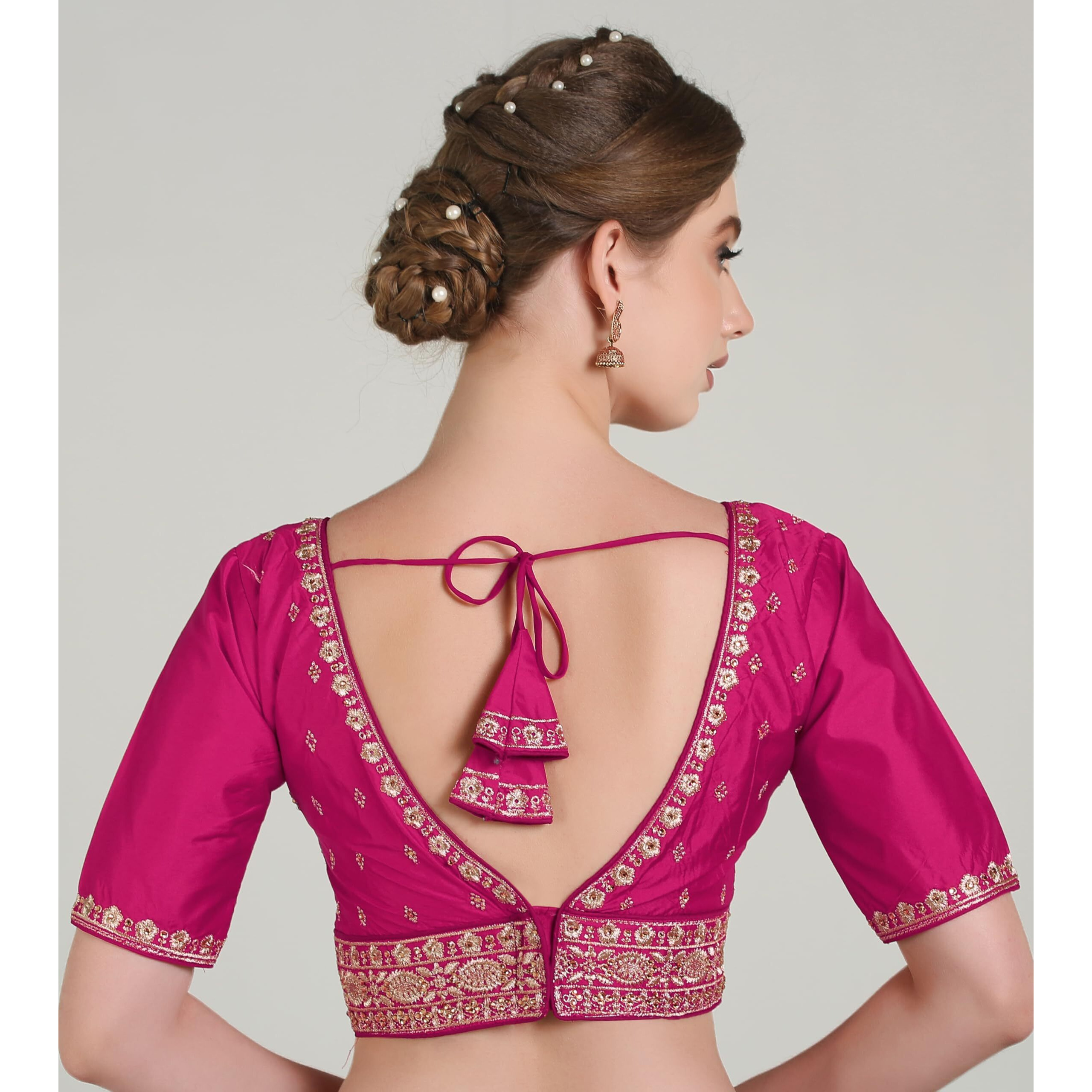 Pujia Mills Woman Readymade Ethnic Wear Deep V Neck Classic Butti Designer Half Sleeve Dark Pink Blouse Online Embroidery Zari Work With Diamond Work Border Blouse