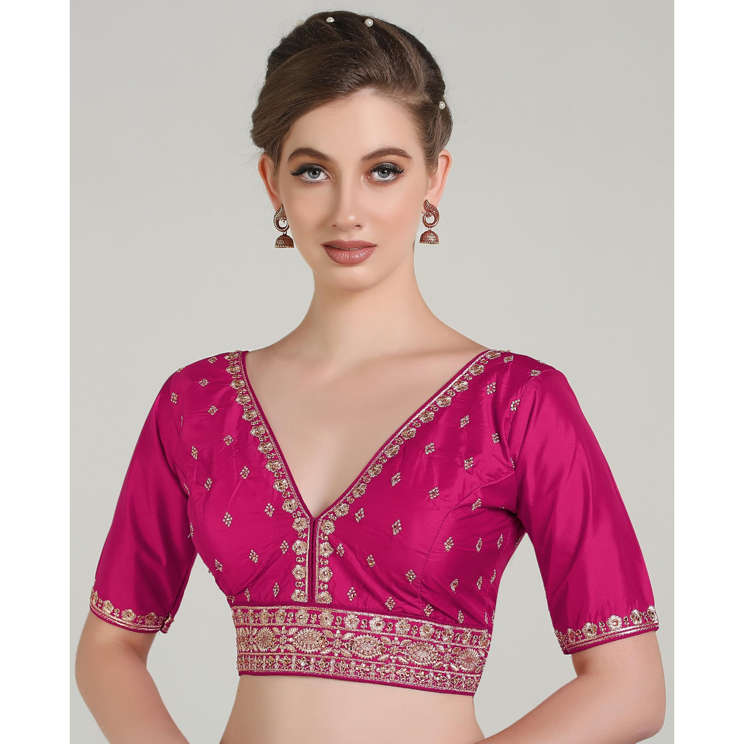 Pujia Mills Woman Readymade Ethnic Wear Deep V Neck Classic Butti Designer Half Sleeve Dark Pink Blouse Online Embroidery Zari Work With Diamond Work Border Blouse