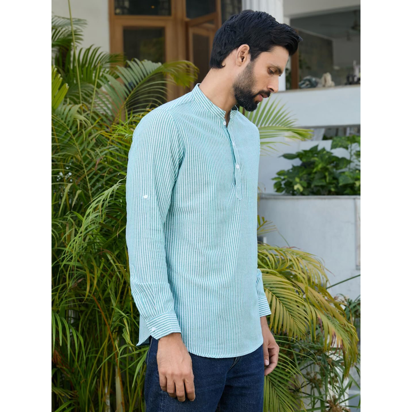 See Designs Men's Roll-Up Sleeve Mandarin Collar Green Woven Striped Cotton Short Kurta - Sdkt2961S