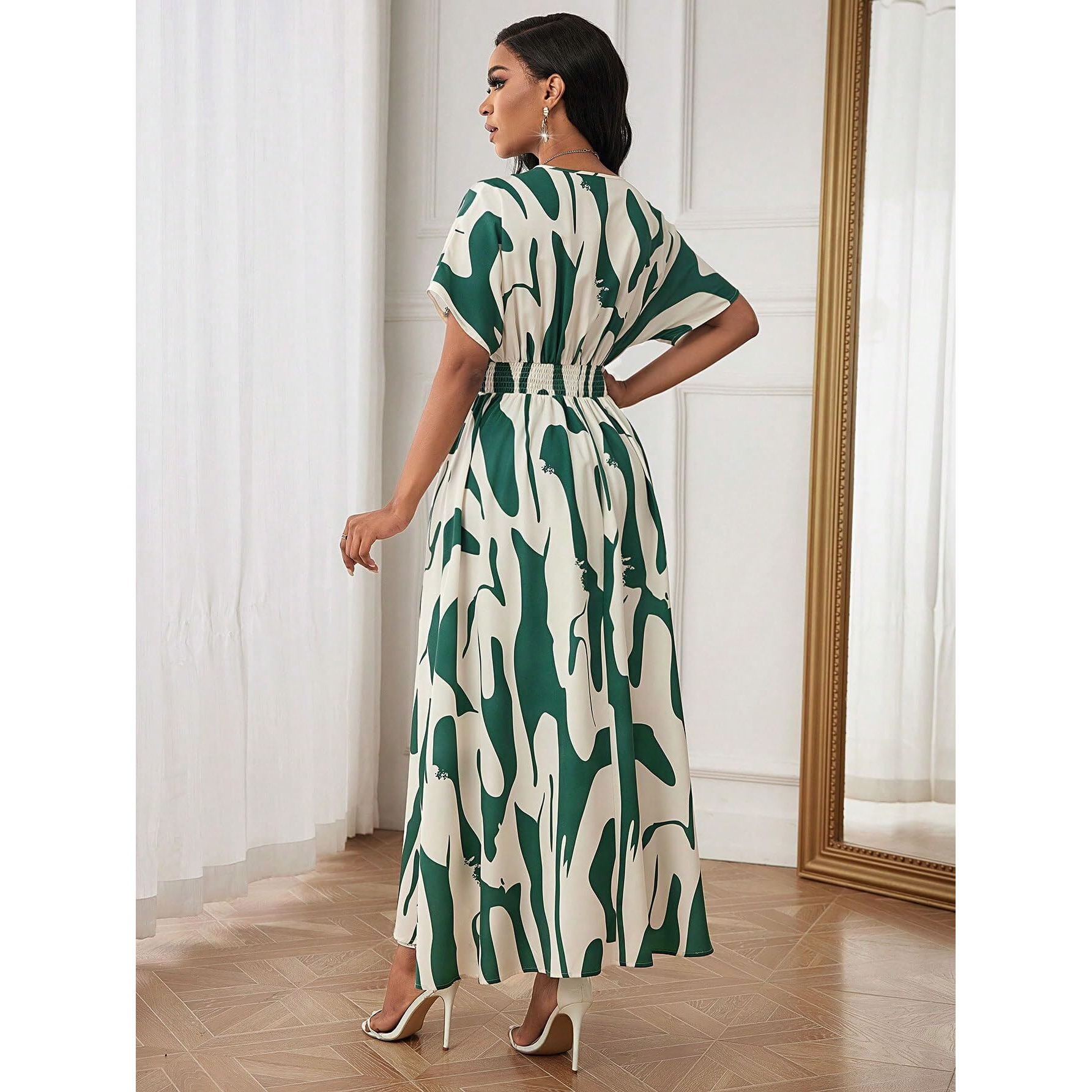 Shasmi Women's & Girl's White Green V-Neck Printed Dress With Ruffled Hem And Belted Waist For Vacation, One Piece Maxi For Women's Casual Dresses (140 Dress White Green-M)