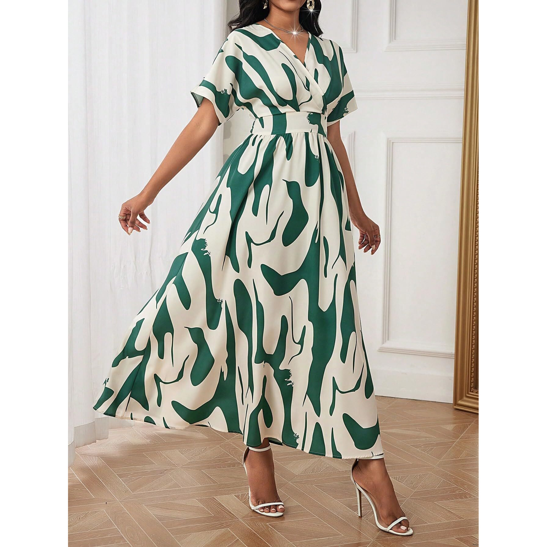 Shasmi Women's & Girl's White Green V-Neck Printed Dress With Ruffled Hem And Belted Waist For Vacation, One Piece Maxi For Women's Casual Dresses (140 Dress White Green-M)