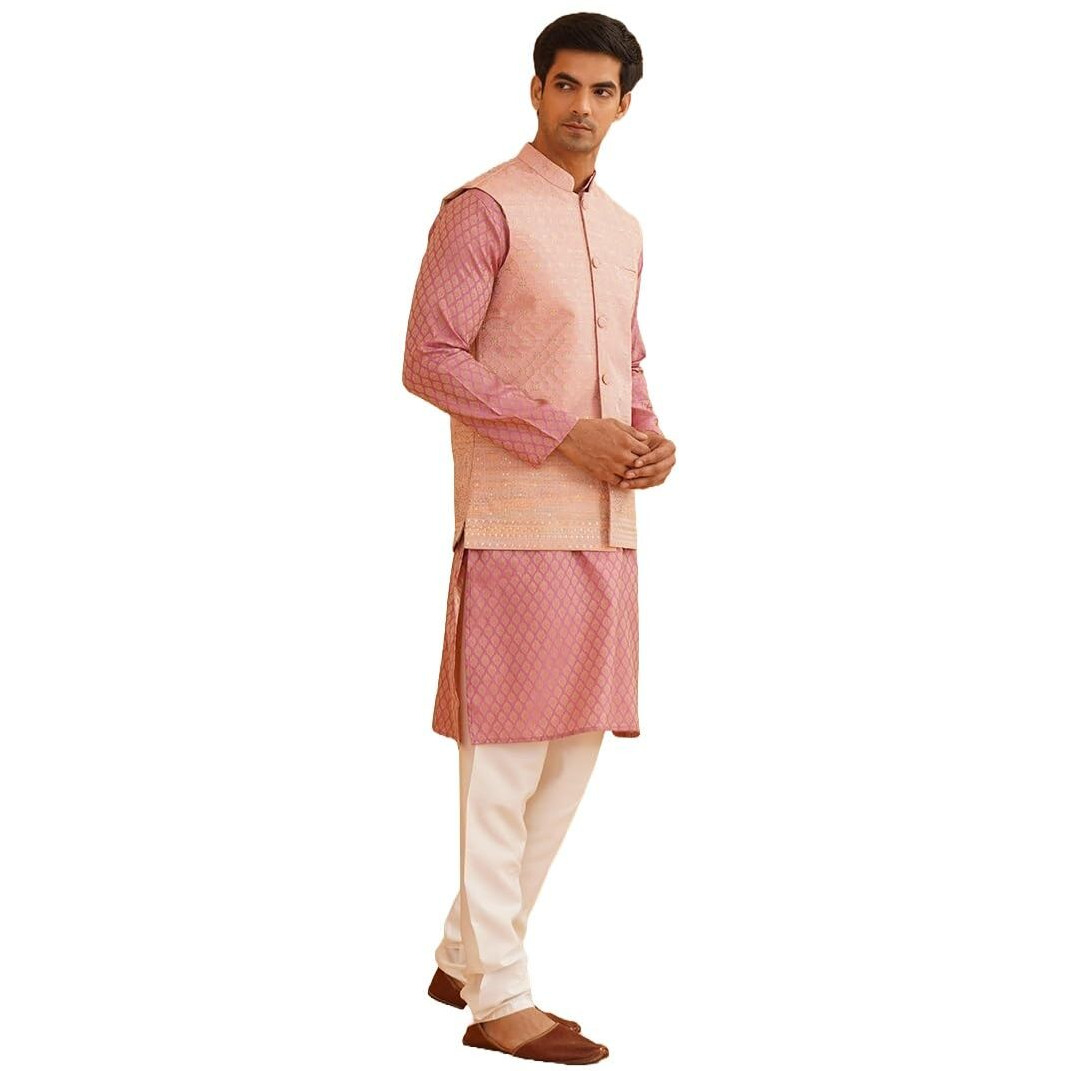 Sojanya (Since 1958 Men's Pink Woven Design Silk Blend Kurta With Pyjama & Pink Nehru Jacket