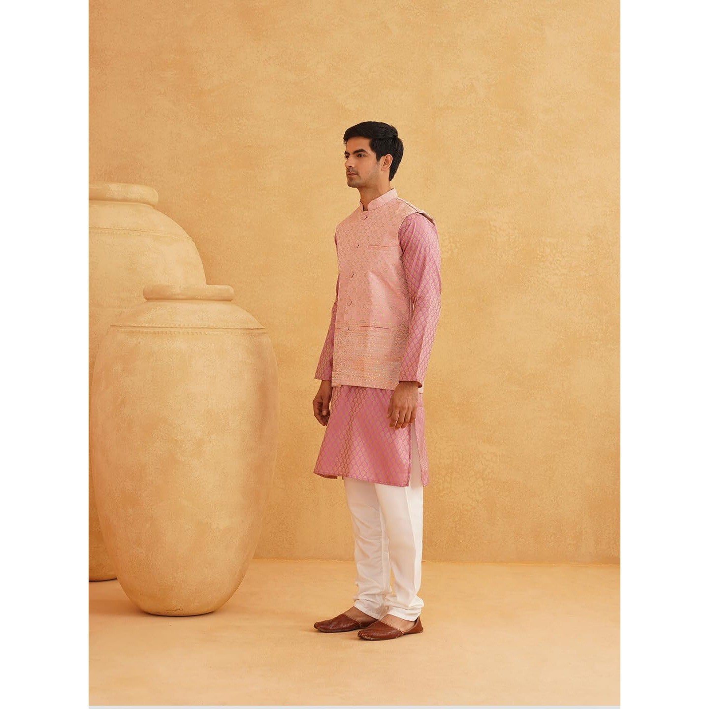 Sojanya (Since 1958 Men's Pink Woven Design Silk Blend Kurta With Pyjama & Pink Nehru Jacket