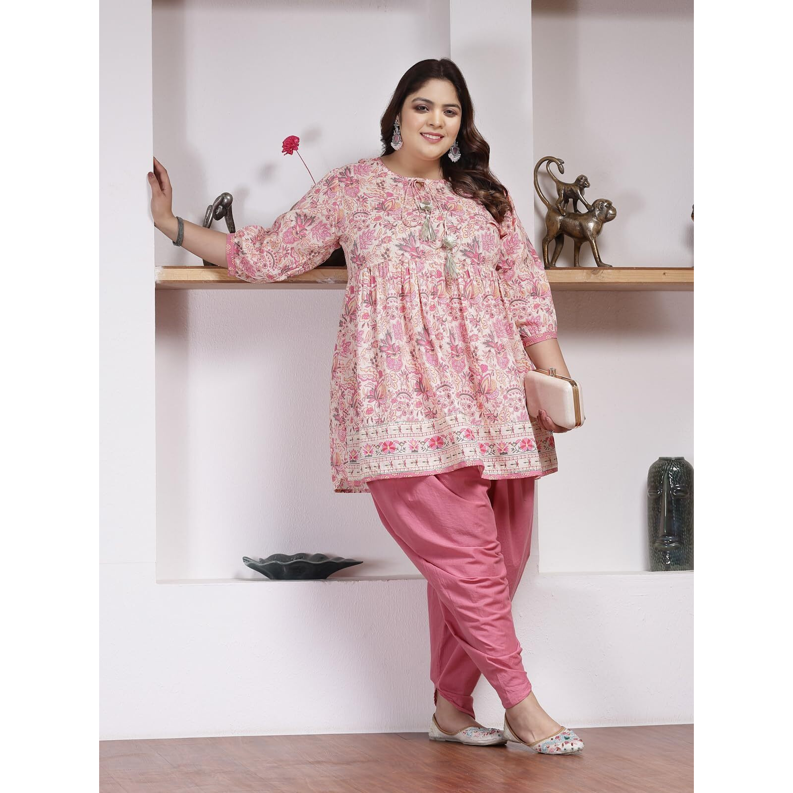 Stylum Plus Size Women Floral Printed Cotton Kurti With Dhoti Pant (Kdsmithplus46_Pink, 3Xl)