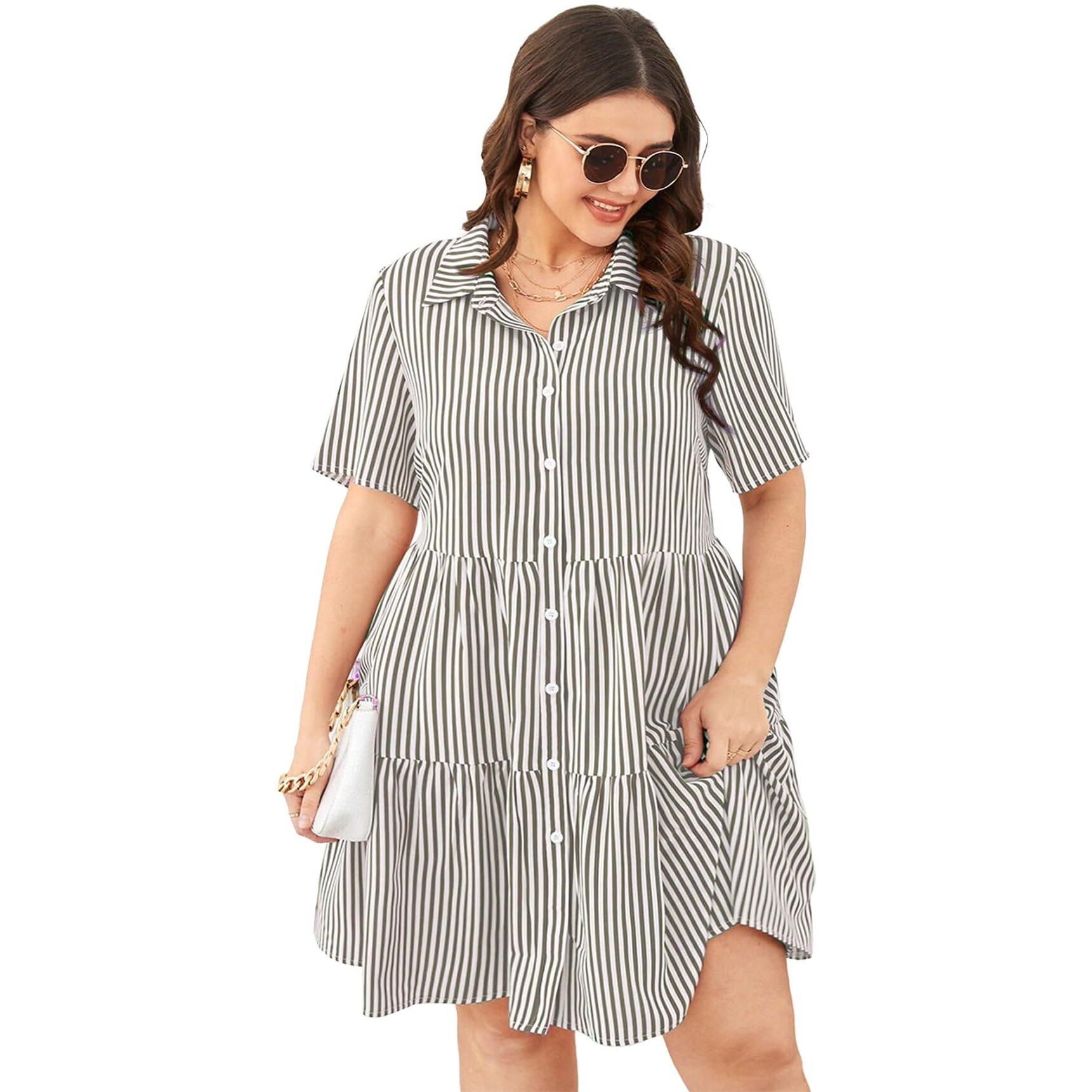 Tadkee Women's Cotton Blend Classic Standard Length Dress Shirt (Fn-Striped-Plus-Dress-134-Grey- Grey_Xl)