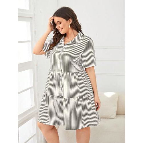 Tadkee Women's Cotton Blend Classic Standard Length Dress Shirt (Fn-Striped-Plus-Dress-134-Grey- Grey_Xl)