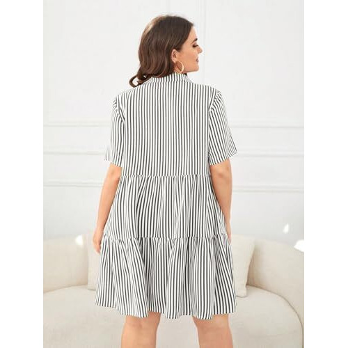 Tadkee Women's Cotton Blend Classic Standard Length Dress Shirt (Fn-Striped-Plus-Dress-134-Grey- Grey_Xl)