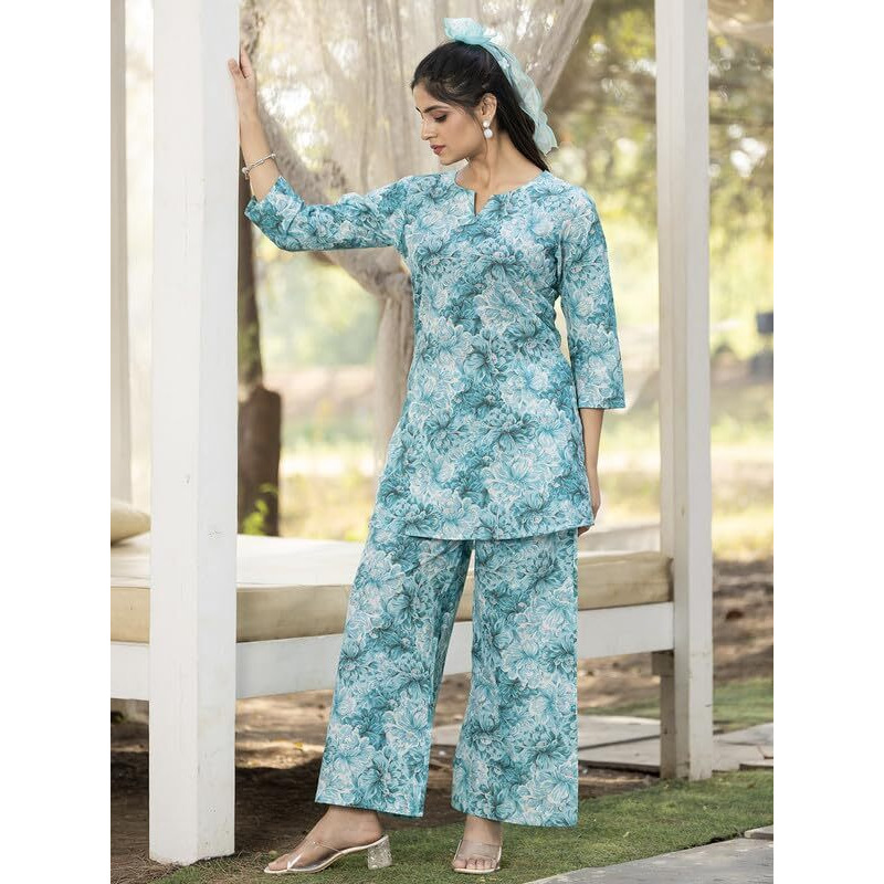 Tee Projekt Cotton Ethnic Wear Co Ord Set For Women | Festive Co Ord Set For Women Sky Blue