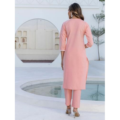 Sanisa Women's Cotton Embroidery And Mirror Work Straight Kurta With Pant And Dupatta Set (285Kbd2984N-Xl_Peach)