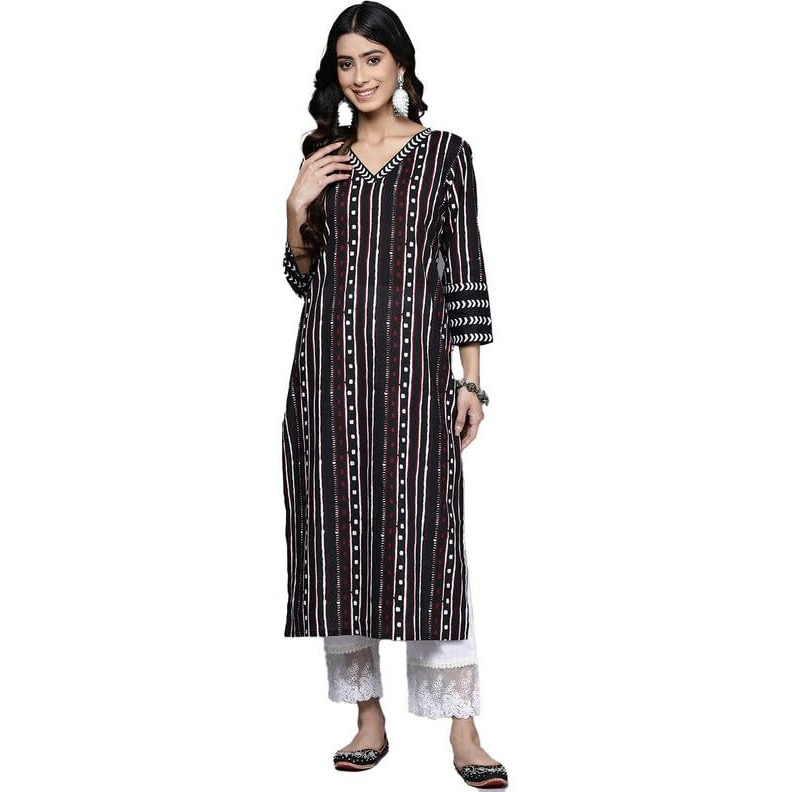 Varanga Women Black Straight Kurta With Three-Quarter Sleeve - Elegant & Comfortable Ethnic Wear (Medium)