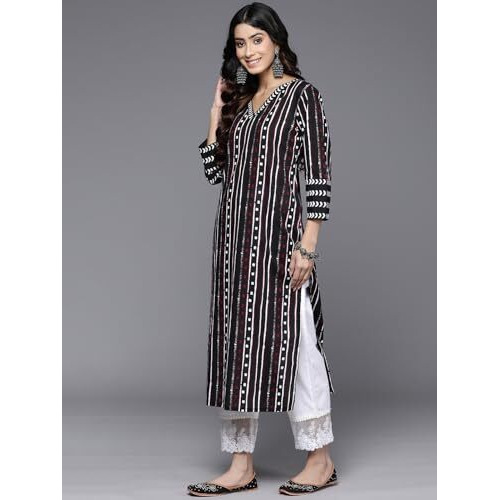 Varanga Women Black Straight Kurta With Three-Quarter Sleeve - Elegant & Comfortable Ethnic Wear (Medium)