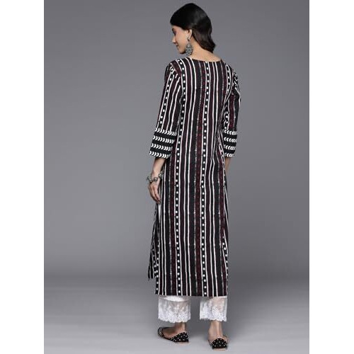 Varanga Women Black Straight Kurta With Three-Quarter Sleeve - Elegant & Comfortable Ethnic Wear (Medium)