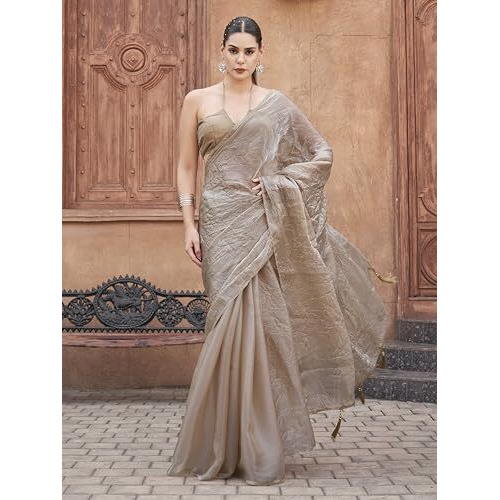 Womanista Women's Beige Colored Crushed Pallu Burbery Organza Half And Half Saree(Ti6856_Beige_Onesize)