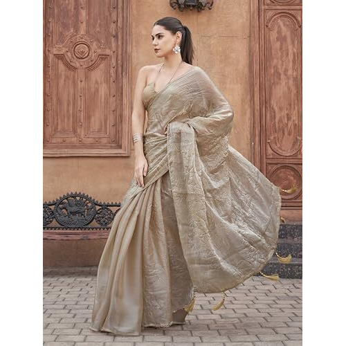 Womanista Women's Beige Colored Crushed Pallu Burbery Organza Half And Half Saree(Ti6856_Beige_Onesize)